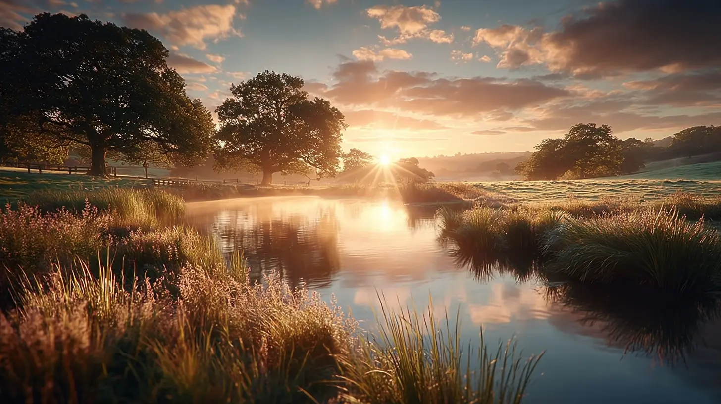 Golden sunrise over a peaceful lake