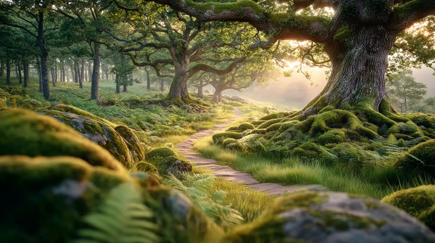 Sunlight illuminating a path through an ancient English woodland